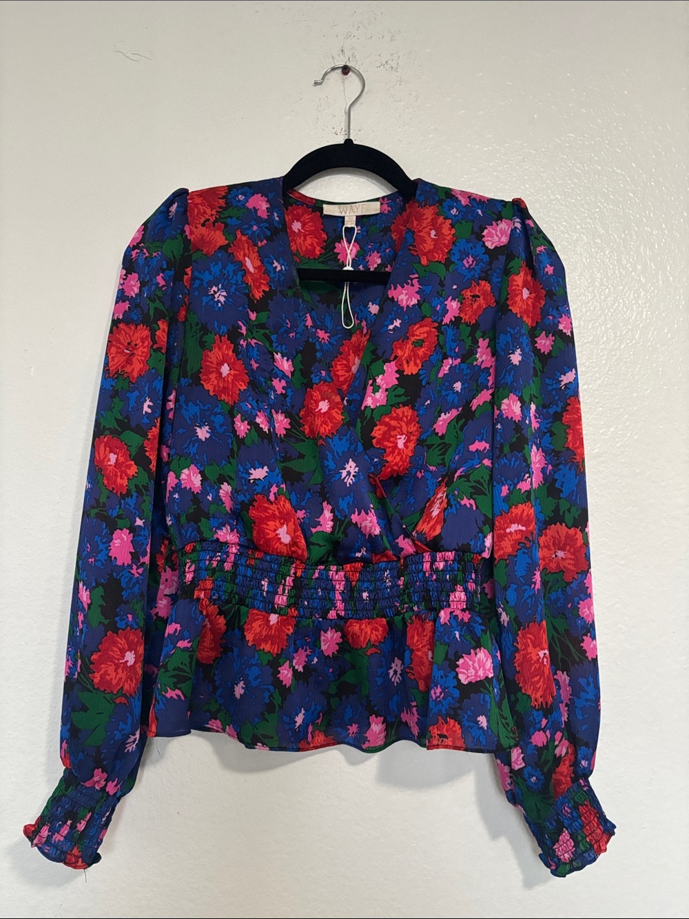 Wayf Floral Wrap with shoulder pads Blouse in Blue, Red & Pink XS